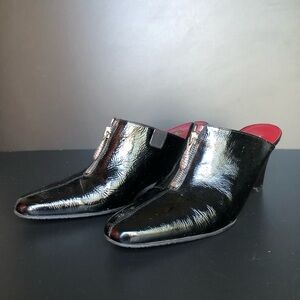 Brighton 'Rocker' Black Patent Leather Zip Front Wedge Slip On Mules 9M Italy